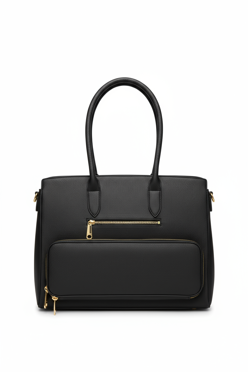 Black handbag with gold zippers on a white background